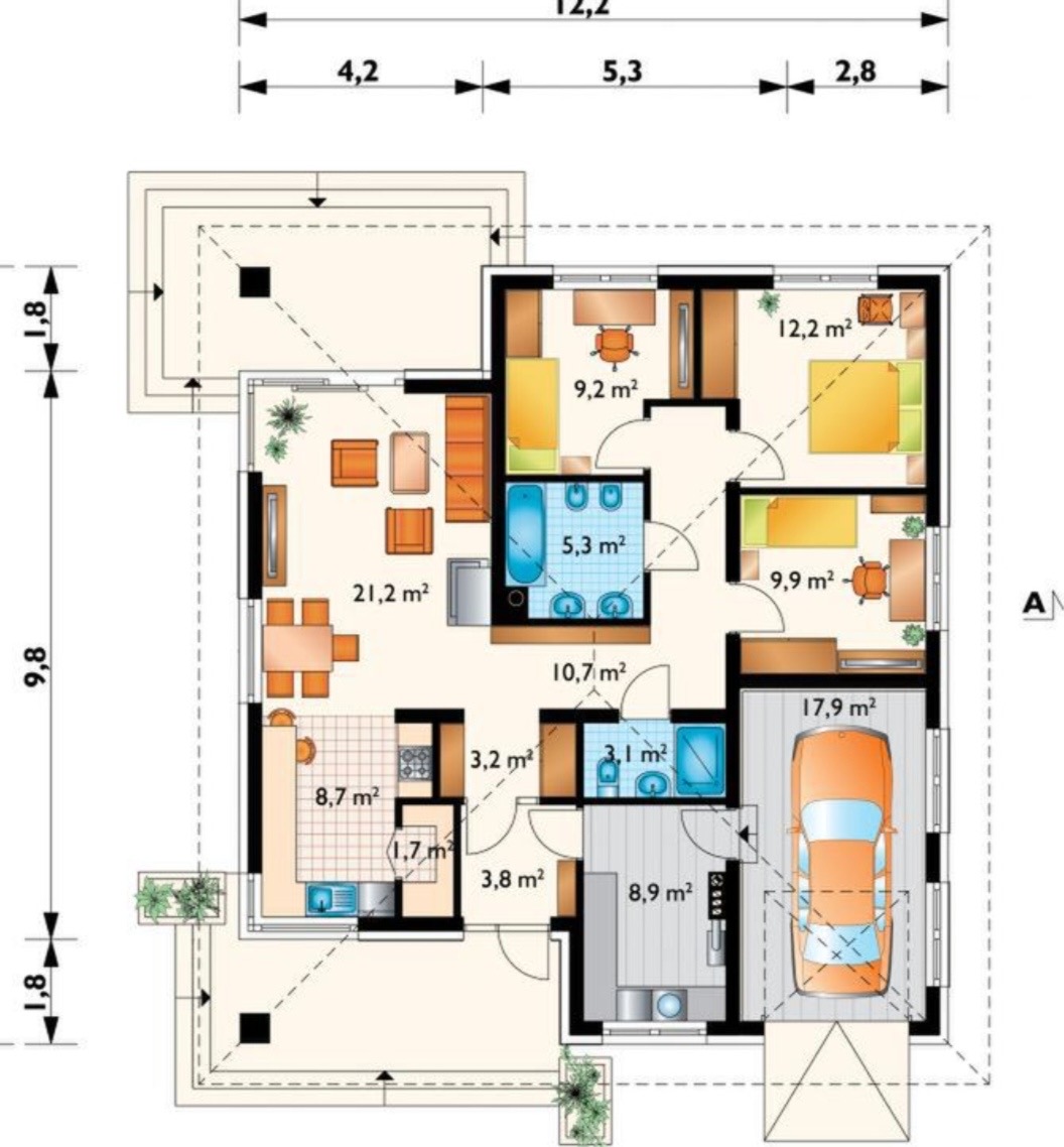 Tlocrt — Prizemnica s garažom 12,2 × 9,8